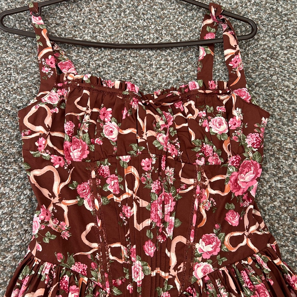 NWOT - Junior Size Emerald Sundae Brown Dress with Pink Rose Print
